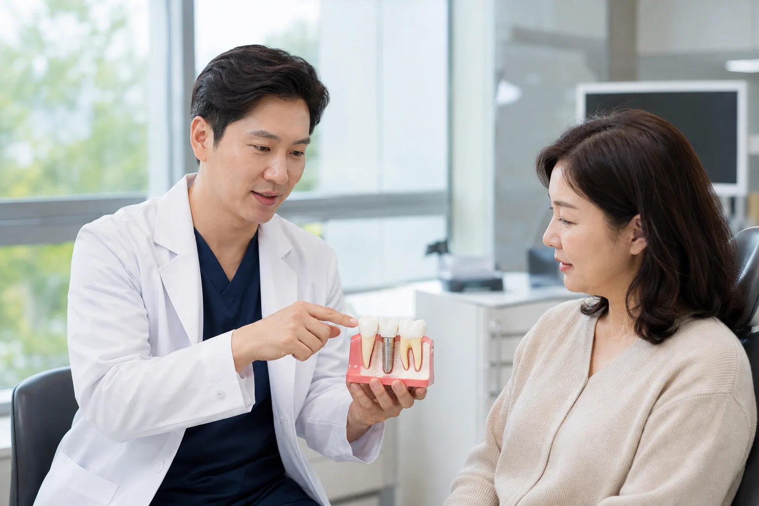 치과 상담실에서 임플란트 과정을 설명하는 모습